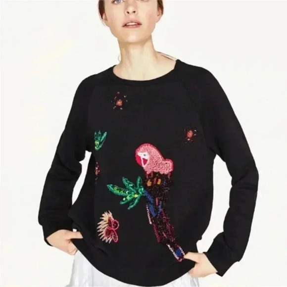 Zara Embroidered Parrot Sequin Festive Holiday Black Sweater Women’s Size XS - Picture 1 of 6